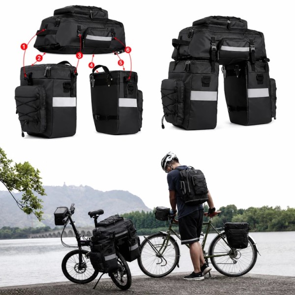 Geanta portbagaj Bicicleta 3 în 1, 48L XXL, Impermeabilă, Set Genți Laterale și Rucsac pentru Portbagaj, Husă Ploaie, Elemente Reflectorizante