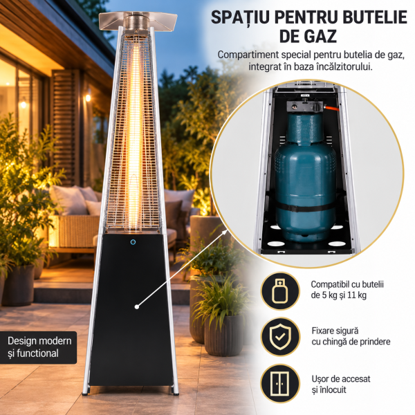 Incalzitor Terasa pe Gaz 13 kW profesional Horeca H 227CM, Tip Piramidă cu Flacără Vizibilă,Negru, cu Roți, Reductor și Husă de Protecție – pentru Grădină, Foișor și Terase Exterioare