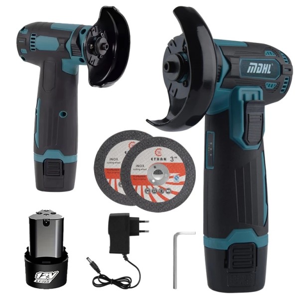 Mini Polizor Unghiular cu Acumulator 12V, Motor Fără Perii, Disc 76 mm, 19.500 RPM, 2 Discuri Incluse