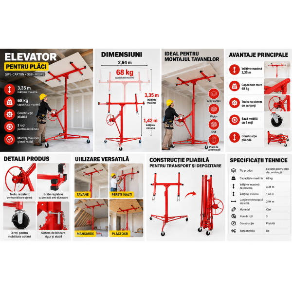 Elevator Rigips  dispozibil ridicat Placi Gips-Carton și OSB, Suport Ridicare Plăci Rigips, Înălțime 3,35 m, Capacitate 68 kg, Pliabil, cu 3 Roți