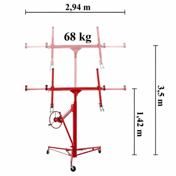 Elevator Rigips  dispozibil ridicat Placi Gips-Carton și OSB, Suport Ridicare Plăci Rigips, Înălțime 3,35 m, Capacitate 68 kg, Pliabil, cu 3 Roți