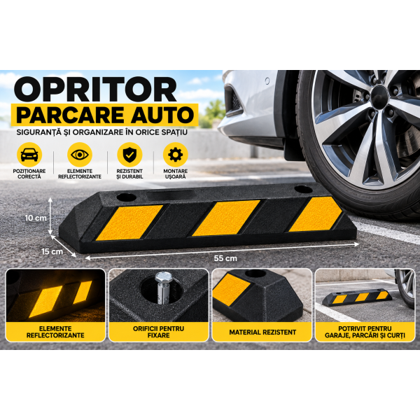 Separator parcare Opritor Parcare Auto 55x15x10 cm, Negru cu Elemente Reflectorizante Galbene, Limitator Roata pentru Garaj și Parcare