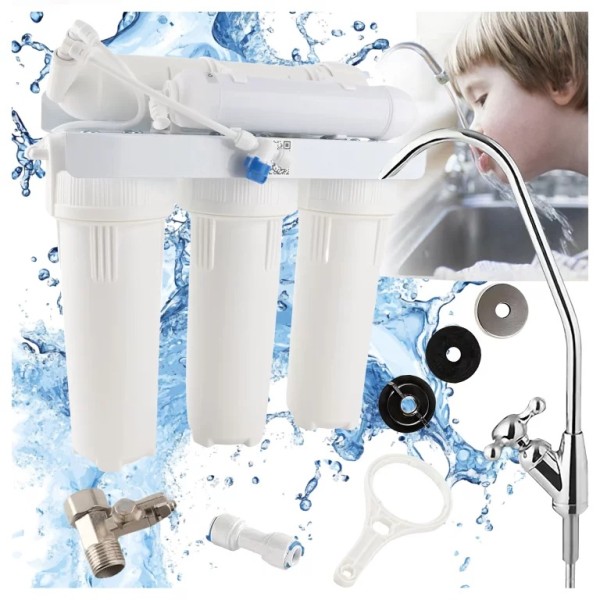Sistem filtru apa osmoza inversa Filtrare Apa Ultrafiltrare in 5 trepte UF5 Filtru 0,01 Microni, Debit 2,5 L/min, Capacitate 3600 L, Fara Alimentare Electrică