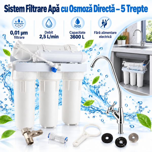 Sistem filtru apa osmoza inversa Filtrare Apa Ultrafiltrare in 5 trepte UF5 Filtru 0,01 Microni, Debit 2,5 L/min, Capacitate 3600 L, Fara Alimentare Electrică