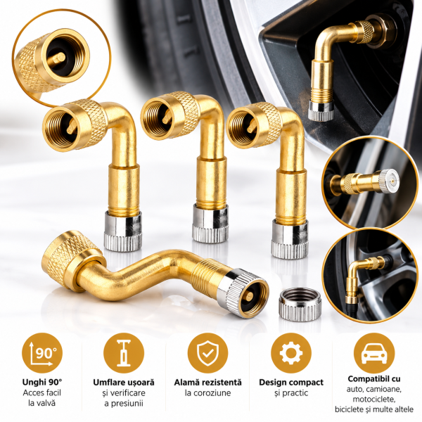 Set 100 prelungitoare valve auto 90° grade din alama – adaptoare pentru umflarea anvelopelor