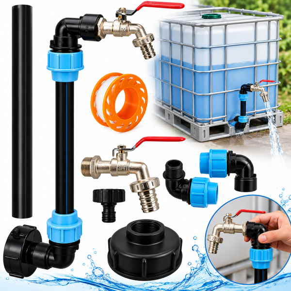 Kit racordare rezervor IBC 1000L  Robinet Adaptor pentru Rezervor IBC 3/4 X1 LUNGIME 25 CM ,15 m banda PTFE ALIAJ ZINC NGRU /ALBASTRU