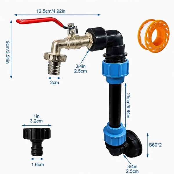 Kit racordare rezervor IBC 1000L  Robinet Adaptor pentru Rezervor IBC 3/4 X1 LUNGIME 25 CM ,15 m banda PTFE ALIAJ ZINC NGRU /ALBASTRU
