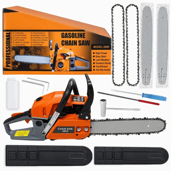 Drujba pe benzina pentru taiat lemne, set complet cu 2 șine de ghidaj 40 cm și 45 cm, 2 lanțuri și accesorii