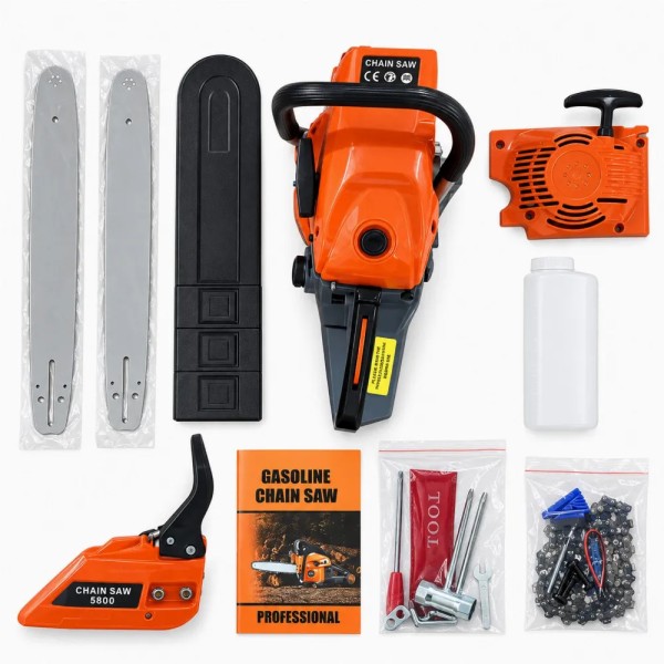 Drujba pe benzina pentru taiat lemne, set complet cu 2 șine de ghidaj 40 cm și 45 cm, 2 lanțuri și accesorii