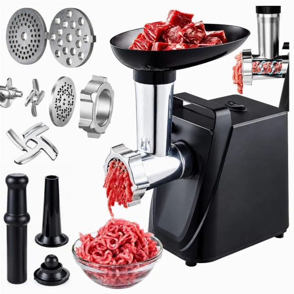 Masina de Tocat Carne Electrica 700W, Funcție Reverse, 2 Site din Inox, Accesoriu pentru Cârnați, Tavă Alimentare, 250W Nominal, Compacta